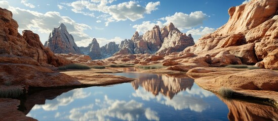 Majestic Rocky Mountains with Reflective Water Holes Under a Clear Blue Sky and Fluffy Clouds