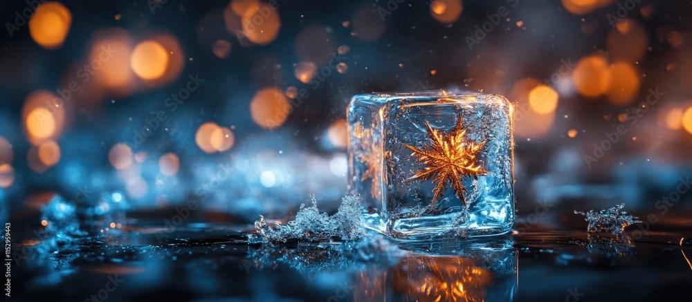 Poster new year ice cube with sparkling snowflake aesthetic and bokeh background celebration theme