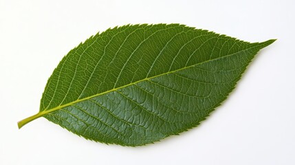 Obraz premium Green tree leaf isolated on white background showcasing detailed texture and vibrant color of nature's botanical beauty.