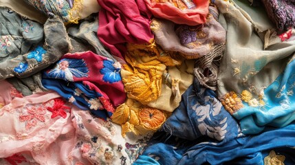 Fototapeta premium Colorful remnants of embroidered fabric displaying intricate patterns and textures for textile design and crafting inspiration.