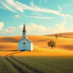 A tiny white chapel, a panoramic country church.