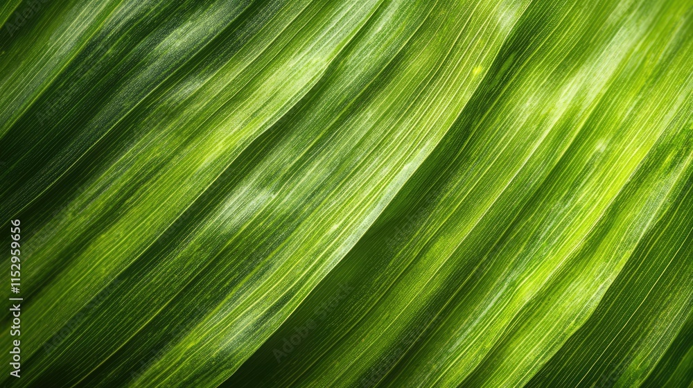 Poster close up view of coconut tree leaf with vibrant green hues set against a soft, blurred background sh