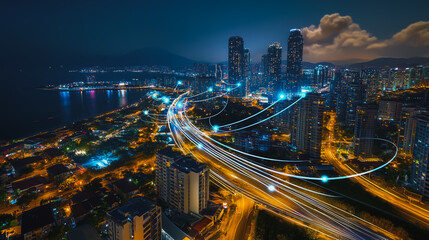 Fototapeta premium Abstract businesswoman stands on the peak of success Smart digital city with connection cyber security network reciprocity over the cityscape future wireless digital city and social media networking