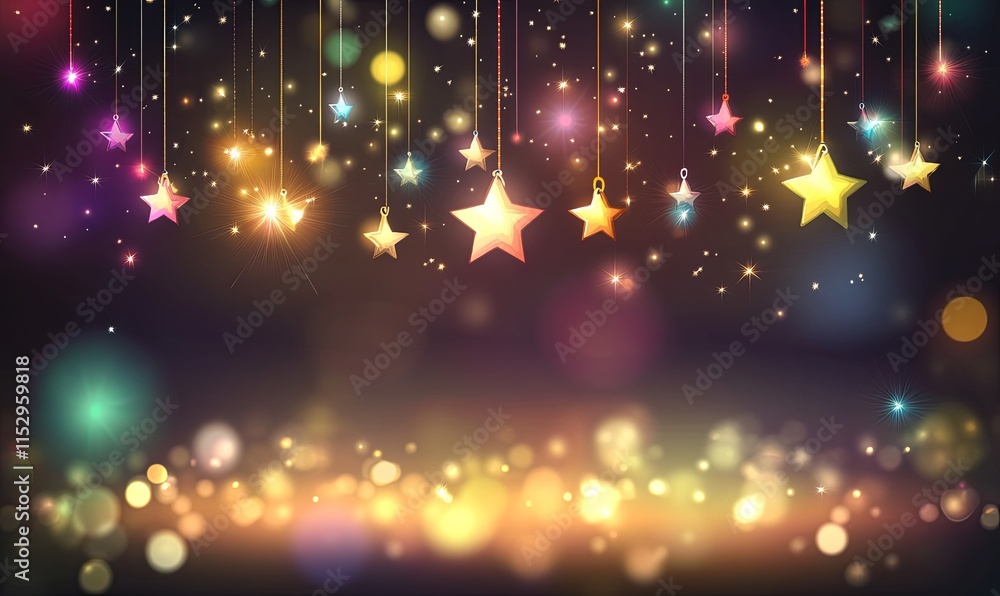 Poster colorful stars hanging on strings against a bokeh background. sparkling lights and glitter create a 