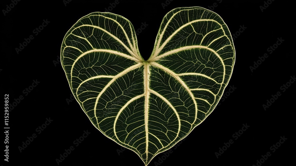 Poster heart-shaped leaf of caladium showcasing intricate vein patterns against a dark background in a dram