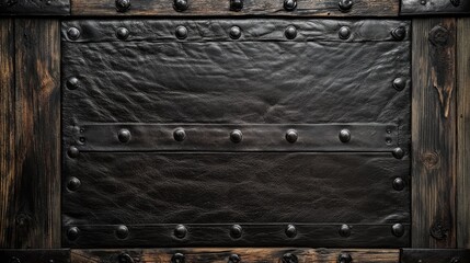 Fototapeta premium Textured black leather background framed by rustic wooden planks showcasing a vintage and industrial aesthetic perfect for design projects.