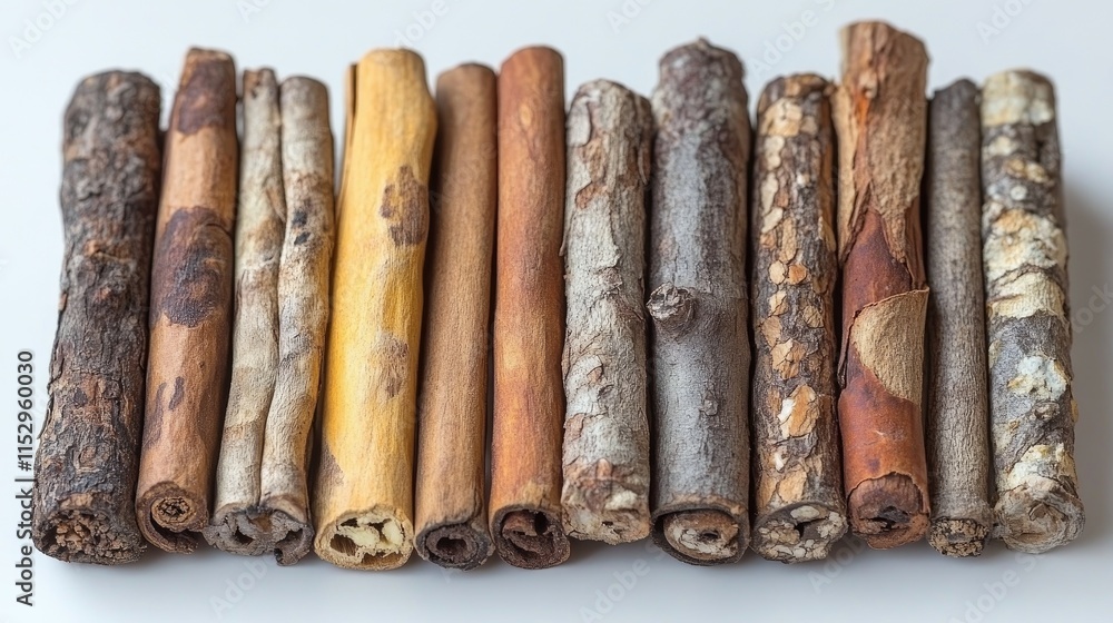 Poster dried cinnamon sticks arranged neatly showing various textures and colors on a light background
