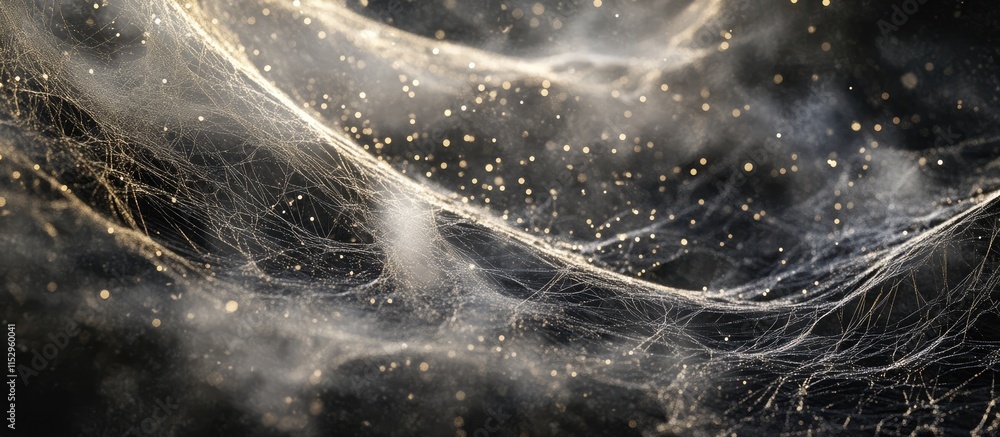 Poster delicate spider web shimmering with dust particles in soft morning light showcasing intricate textur