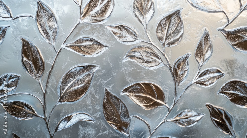 Poster frosted glass featuring intricate leaf pattern design creating a delicate and elegant texture for in