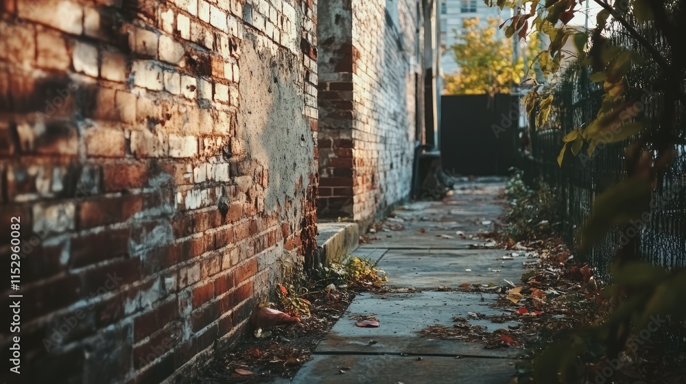 Aufkleber weathered brick wall with autumn foliage and a rustic walkway creating a nostalgic urban scene perfe