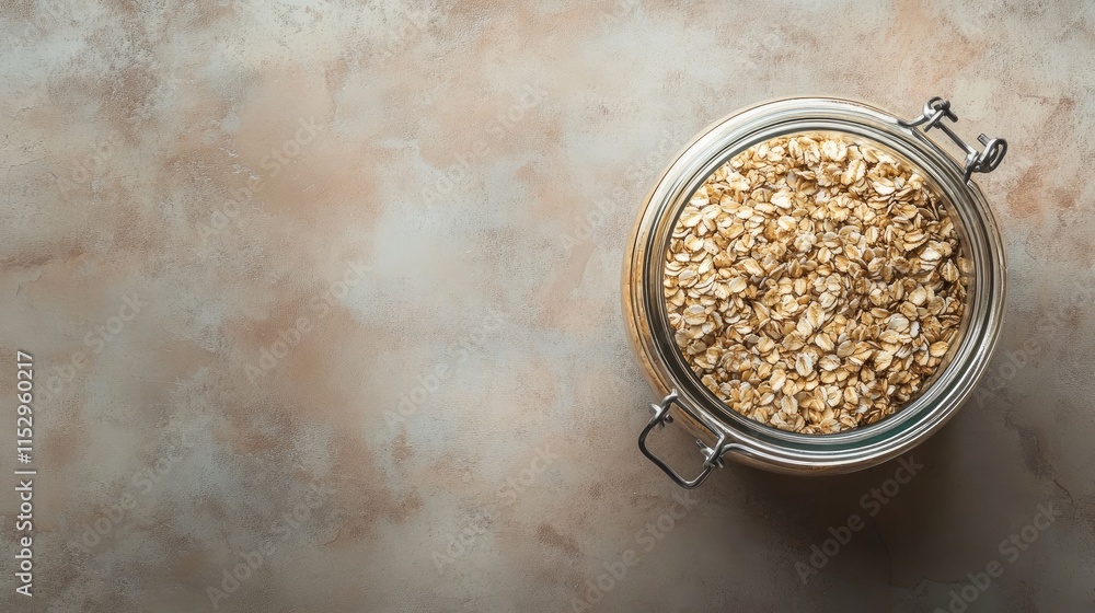 Poster glass jar filled with grains on textured background ideal for food or health concepts with space for