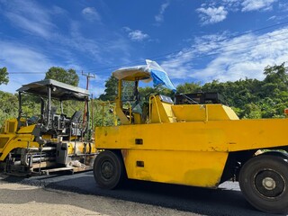 road paving process using heavy equipment, Asphalt Paver and Tandem roller