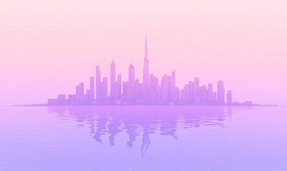 Fototapeta premium Dreamlike pastel cityscape reflected in calm water at sunrise or sunset.
