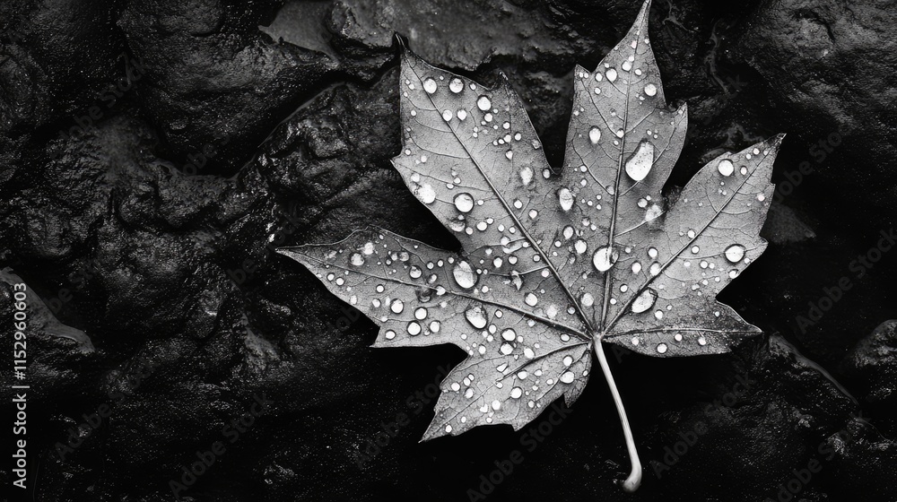 Poster moist leaf resting on dark surface with water droplets highlighting intricate details in monochrome 