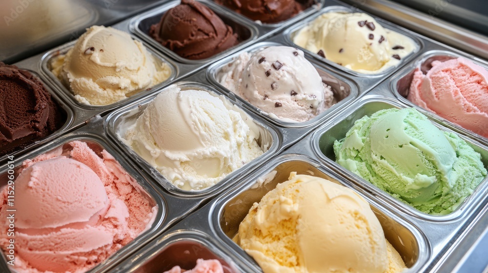 Poster assorted ice cream scoops in a display showcasing a variety of flavors and colors in a modern ice cr