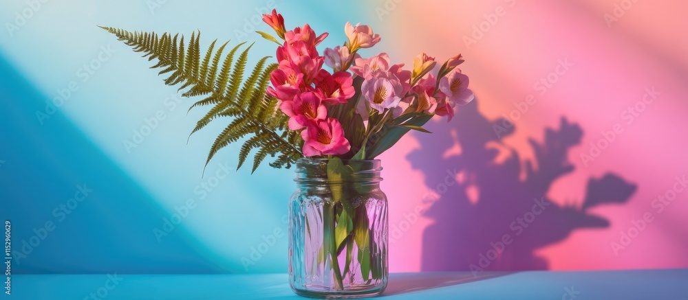 Poster freesia flowers and fern leaves in a jar on a table with a vibrant colored backdrop creating a stunn
