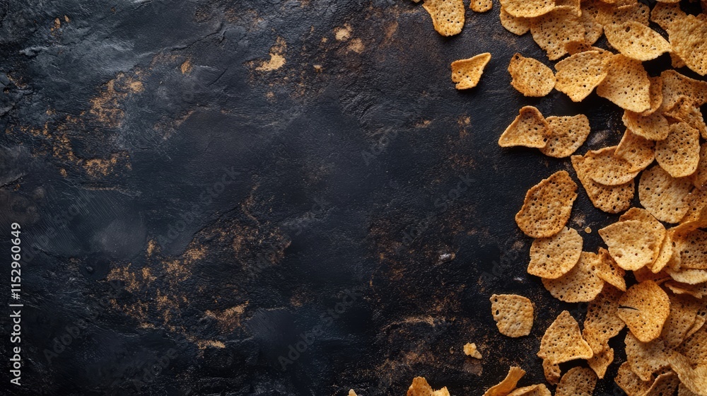 Poster cornflakes scattered on a dark stone surface with ample space for text or branding in a food concept