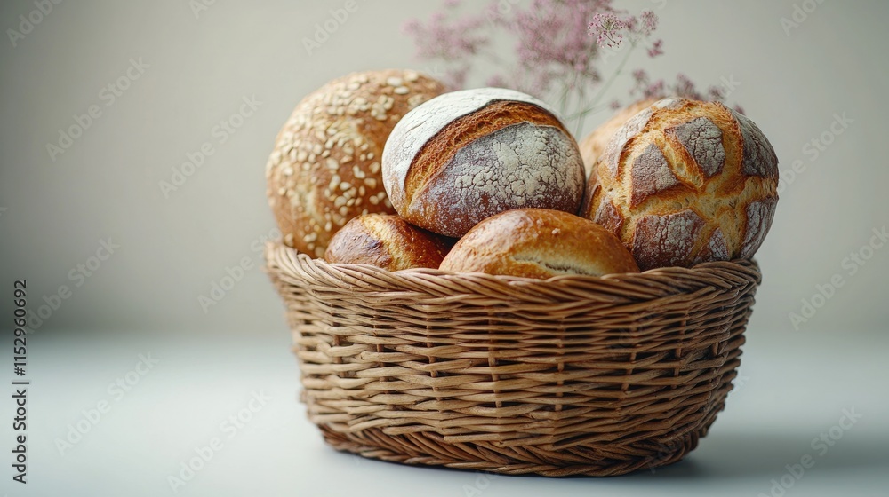 Poster wicker basket filled with assorted fresh breads showcasing rustic textures against a neutral backgro