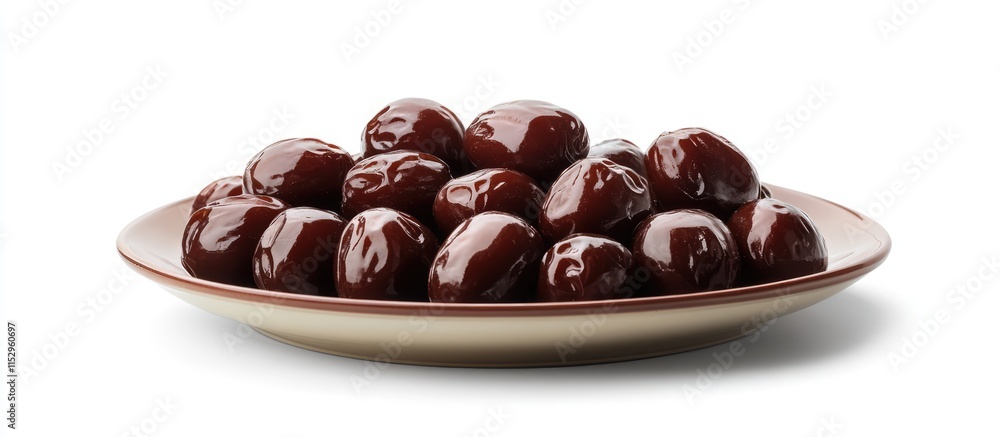 Poster fresh dates arranged on an elegant plate showcasing their rich color and texture against a clean whi