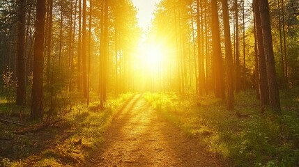 Golden Sunrise Path Forest Trees Nature Woods Sunlight
