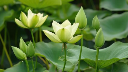 Obraz premium Lush green lily buds and flowers emerging in a serene natural setting showcasing nature's beauty and tranquility
