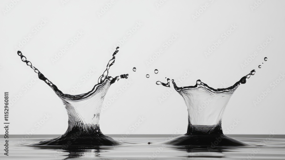 Poster water droplets colliding to create splash effects in serene monochrome setting showcasing high-speed