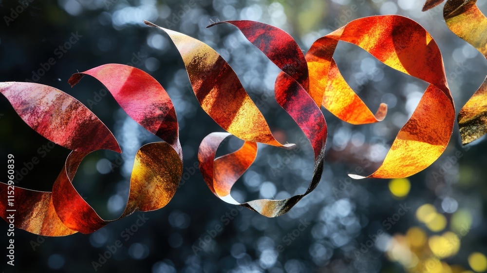 Aufkleber colorful leaf-shaped streamers floating in the air with sunlight creating an enchanting bokeh effect