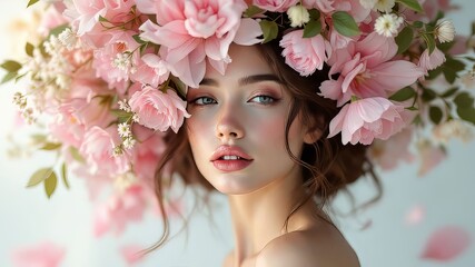Fototapeta premium A woman, floral crown adorning her head, in a sweeping panoramic portrait.