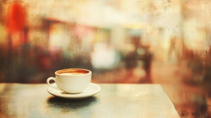 Fototapeta premium Blurred vintage coffee shop scene featuring a steaming cup of coffee ideal for background or artistic design purposes
