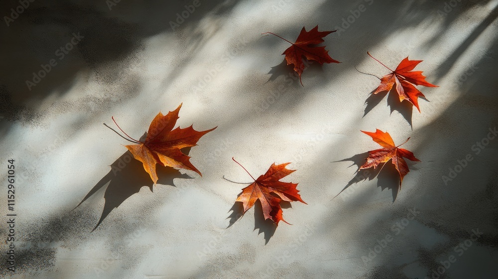 Aufkleber autumn leaves casting shadows on a serene surface with soft natural light creating a peaceful atmosp