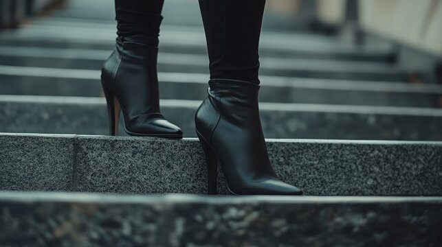 Businesswoman in black high heels ascending outdoor stairs showcasing confidence and style in an urban setting.