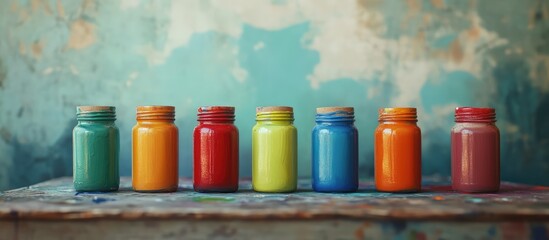 Colorful jars of vibrant paints arranged against a textured soft focus background ideal for artistic designs and creative projects with copy space.