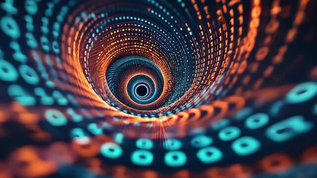 An abstract video featuring a tunnel composed of vibrant blue and red colors, creating a visually striking pattern, Binary code spiraling into the shape of a vortex