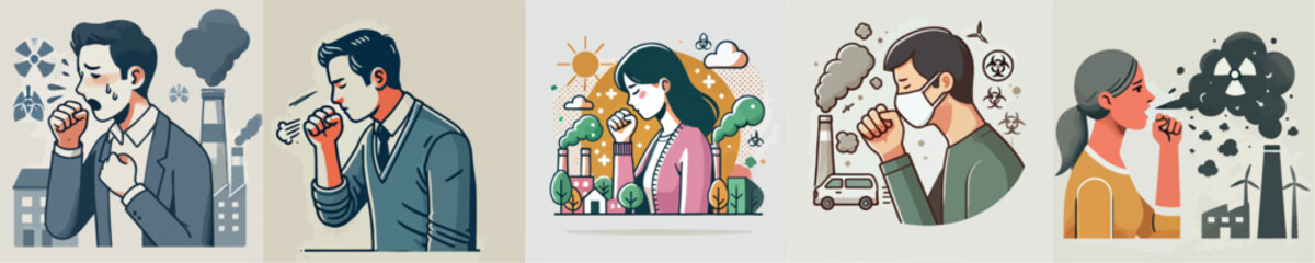 Vector image of people coughing due to pollution