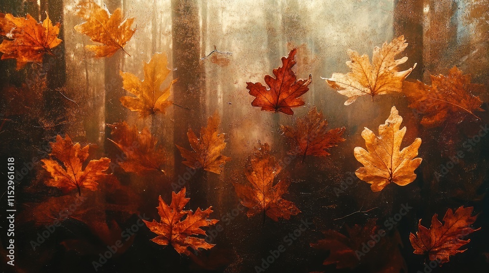 Poster Autumn Leaves Floating in Air with Forest Background Creating a Dreamy and Mystical Atmosphere