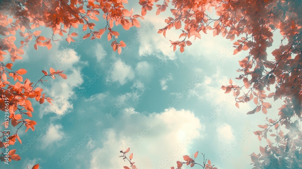 Poster Autumn foliage framing a serene sky with clouds creating a peaceful nature backdrop and inviting open space in the center.