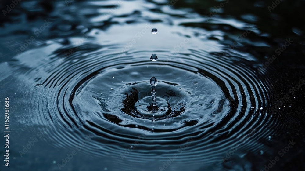 Poster serene close-up of water ripples created by a single drop falling into a tranquil dark surface refle