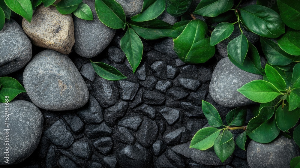 Poster green leaves and smooth stones arranged on a dark textured surface creating a natural and calming ba