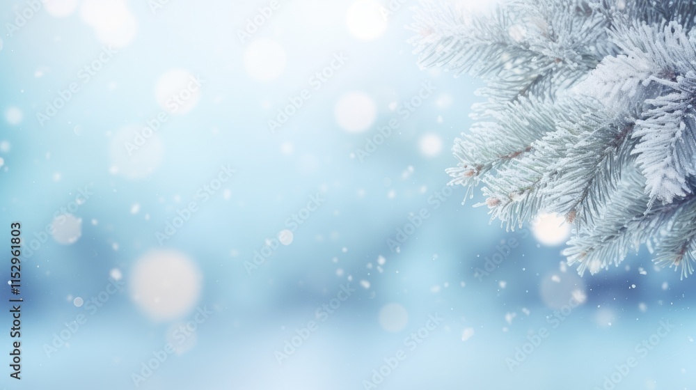 Poster winter landscape featuring snowy pine tree branches against a soft blurred backdrop of snowflakes wi
