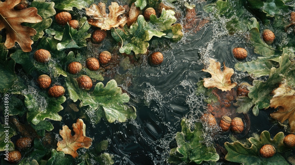 Poster oak leaves and acorns floating on water creating a serene nature background with vibrant colors and 