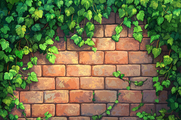 Green leaves Ivy tree creeping on brick wall texture background