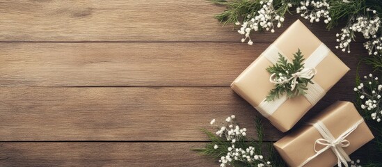 Wooden background with festive decor and gift boxes ideal for celebrations and congratulatory messages