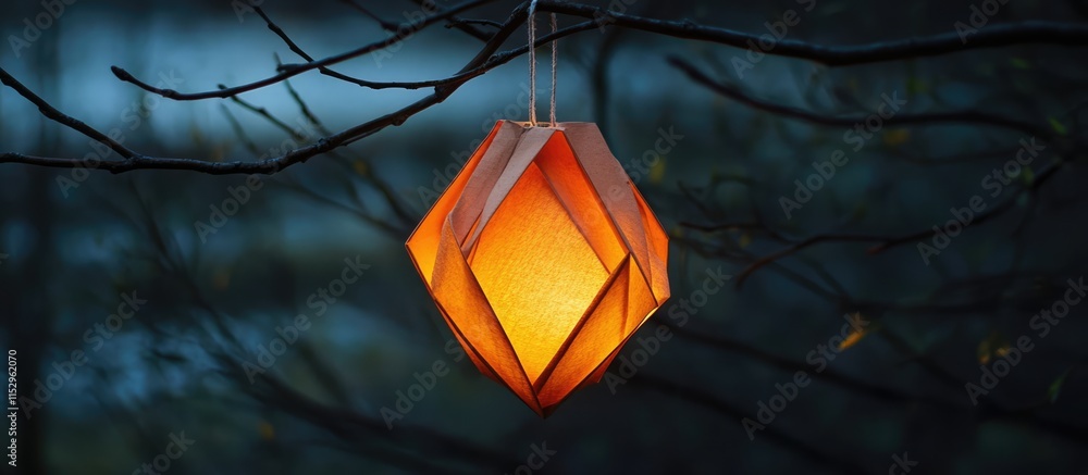 Poster illuminated paper lantern hanging from a branch in a serene outdoor setting at dusk creating a warm 
