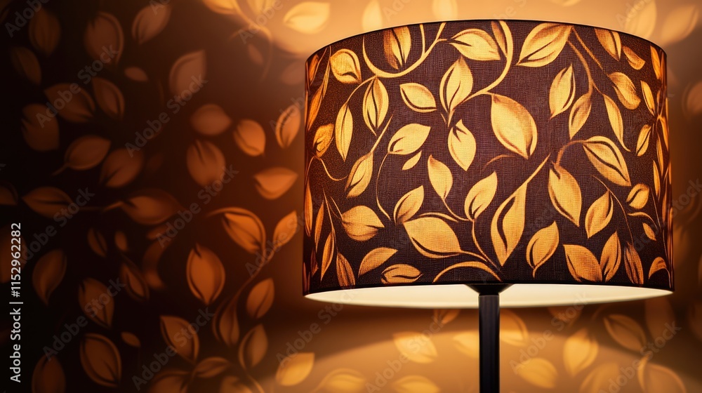 Poster leafy patterned lamp shade casting warm light with decorative wall shadows creating a cozy atmospher