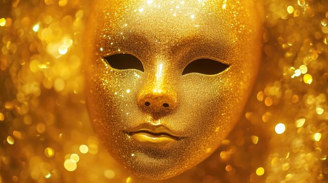 Elegant golden toy mask on a shimmering gold background with sparkling bokeh effect, perfect for artistic and festive themes.