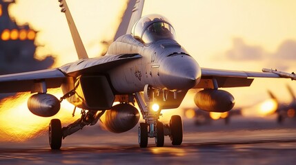Fototapeta premium Powerful Military Fighter Jet Preparing for Takeoff at Sunset Air Base
