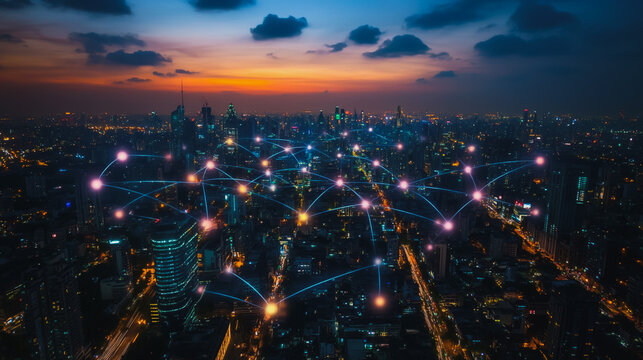 Abstract businesswoman stands on the peak of success Smart digital city with connection cyber security network reciprocity over the cityscape future wireless digital city and social media networking