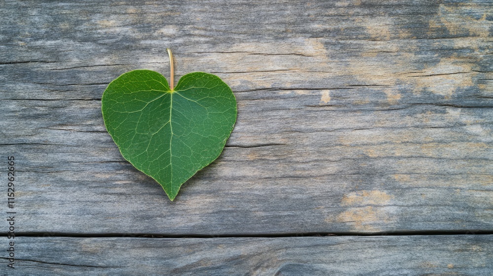 Poster green heart-shaped leaf placed on rustic weathered wooden background creating a natural texture for 