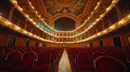 Grand opulent theater auditorium with red velvet seating and gilded decor.