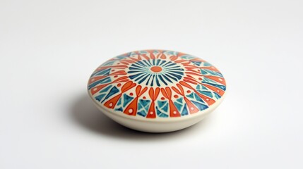 Obraz premium A ceramic button with hand-painted geometric patterns centered on a plain white surface.